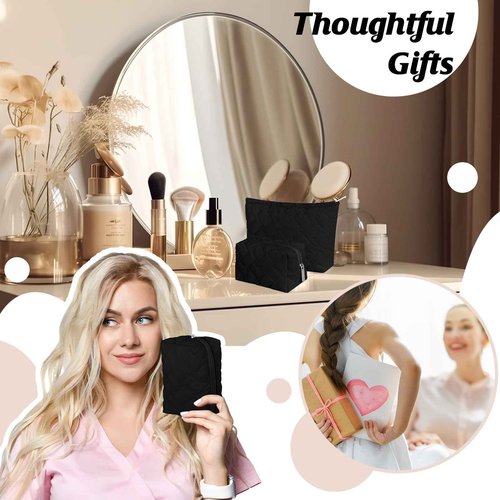 Huhumy 2 Pc Christmas Gift Makeup Bag Set Cute Quilted Cosmetic Pouch for Women Travel Toiletry Bag Preppy Small Makeup Purse Pouch Skincare Brushes Storage Organizer Pencil Case Set(Black)