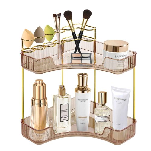 Cosmetic Display Cases Makeup Organizer: Corner Vanity Makeup Shelf Holder Multi-Function Bathroom Display box Cosmetic Storage Holder for Dresser,Fits Cosmetics, Perfume, Skincare(2-Tier,Amber Gold)