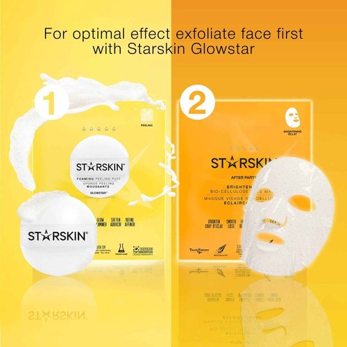 STARSKIN After Party 4x40g, Bio-Cellulose Brightening Face Mask for all Skin Types, Korean Skincare Mask infused with Vitamin C Serum and Niacinamide, Energizing and Soothing, K Beauty Skincare