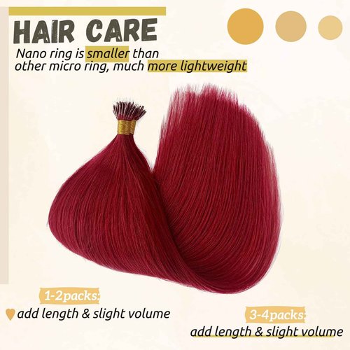 #99J Nano Tip Hair Extensions Human Hair for Women,Burgundy Nano Ring Hair Extensions 18 Inch Color #99J Wine Red Hair Extension 100% Natural Human Hair Extensions 50g/50s