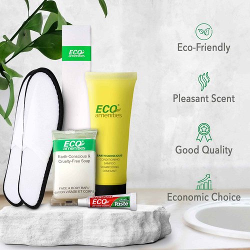 ECO amenities Bulk Hotel Toiletries Set - Travel Toothbrush Set - Cruelty-Free Shampoo & Conditioner - Bar Soap Bulk & Closed-Toe Slippers - 140 Pieces, 30ml Shampoo, 14g Soap, Green Tea