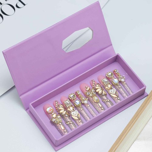 Tmani 10pc/set Extra Long Handmade Press On Nail Hot Girl's Long Ballet Nails Square Nail Full of Diamond Glitter Decoration Fake Nails Suitable For Girls Festival Parties and Birthday Gift(Pink,L)