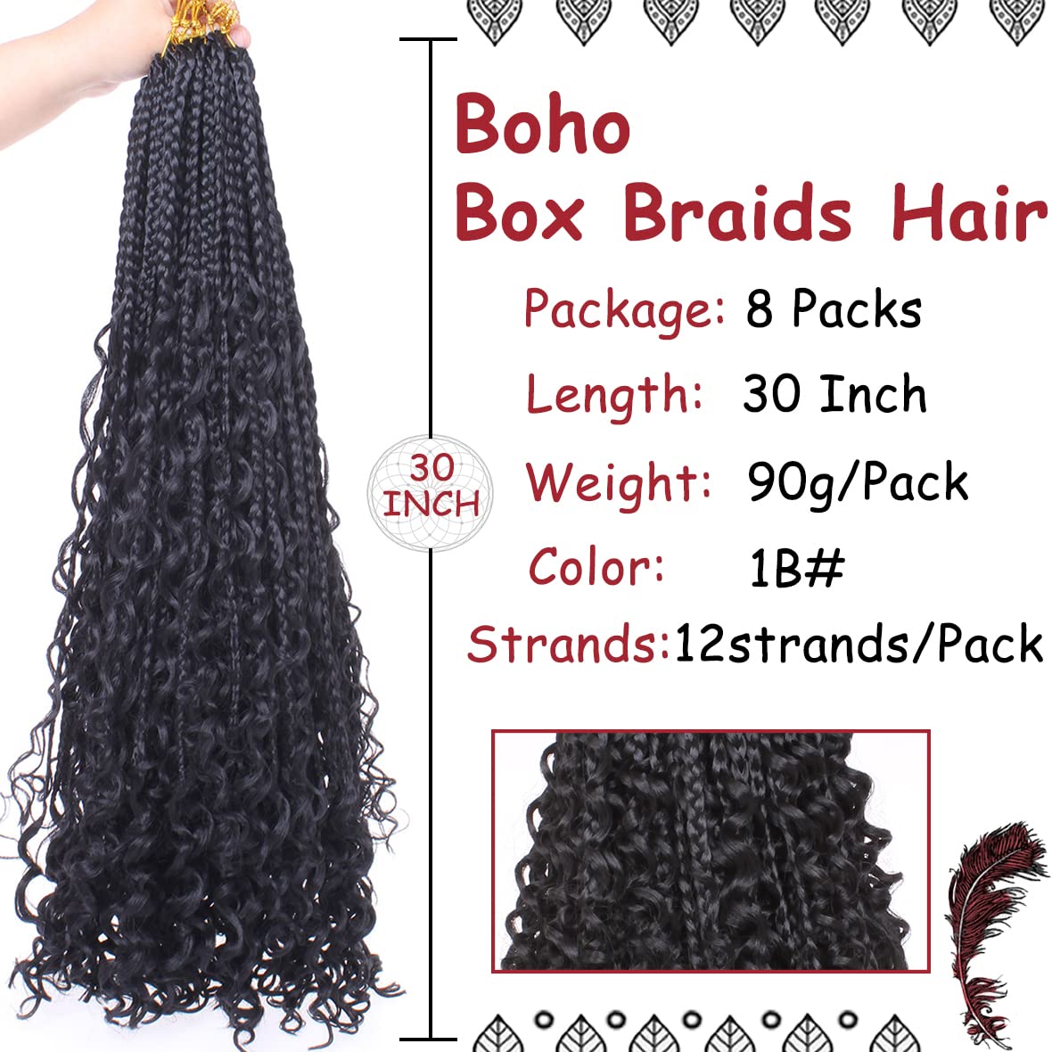 Beverlee 30 Inch Boho Box Braids 8 Packs Goddess Box Braids Bohemian Box Braids Crochet Hair Crochet Box Braids with Curly Ends Pre-looped Synthetic Long Crochet Hair for Black Women