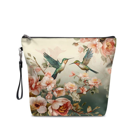 Wanzuoeng Large Capacity Makeup Bag for Women, Hummingbird Blossom Print Cosmetic Bag, Durable Handle Zipper Travel Bag, Brush Tool Organizer Toiletry Bag