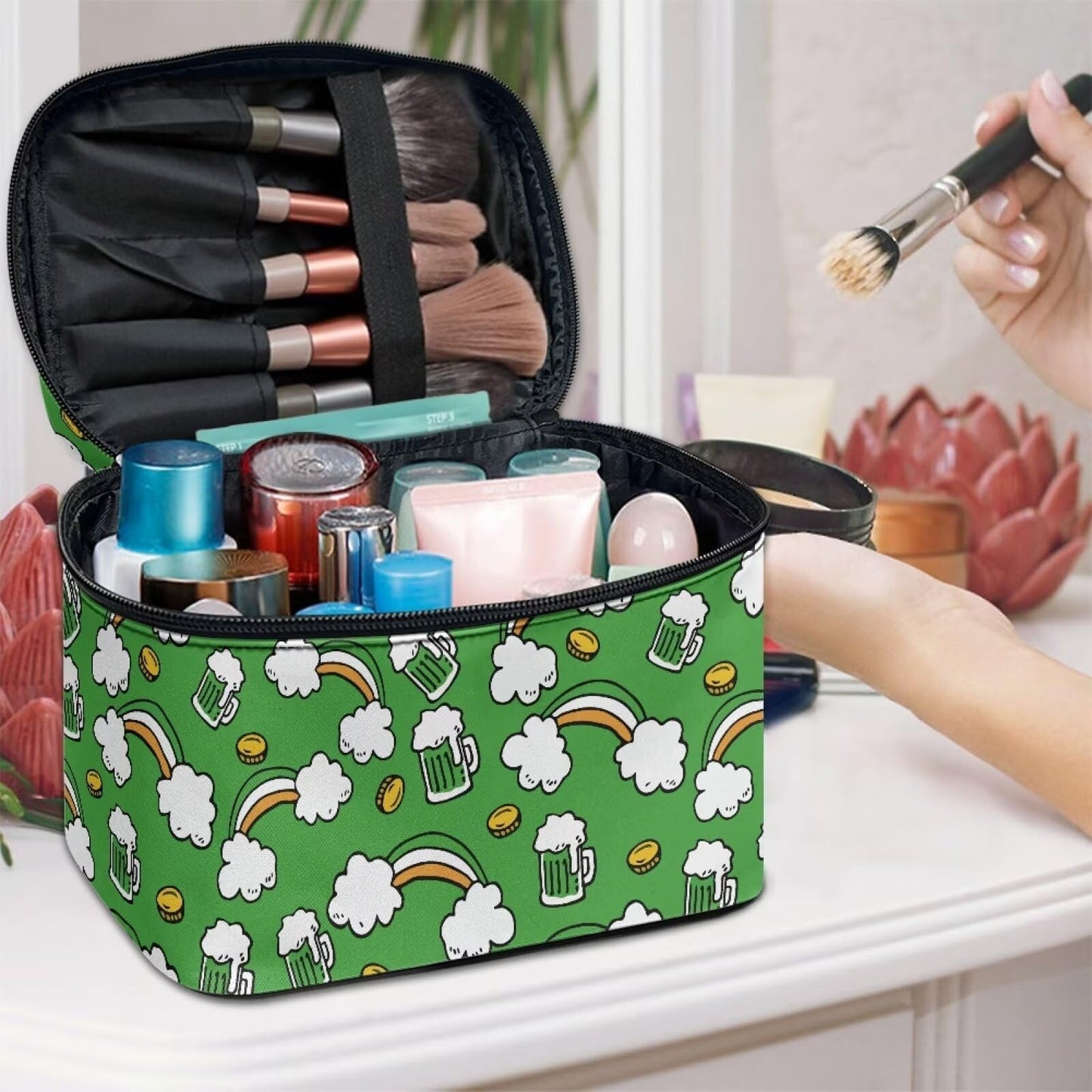 doginthehole Makeup Bag Organizer Travel Toiletry Bag for Women St. Patrick's Day Cosmetic Bag Portable Toiletry Bag Large Capacity Zipper Purse Make Up Bag