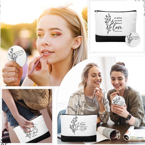 Kacctyen 20 Pcs Christian Gift for Women Bulk 10 Inspirational Religious Canvas Makeup Bag 10 Mini Christian Compact Mirrors Religious Gifts for Pastor Church Christmas Thanksgiving Gifts(Aesthetic)