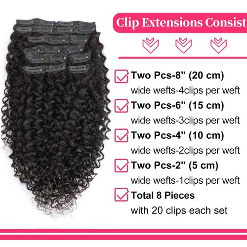 14 Inch Kinky Curly Clip ins Human Hair 110g 8pcs 20 Clips 3C 4A Curly Clip In Hair Extensions Real Human Hair Brazilian Virgin Hair Full Head for Women Natural Black