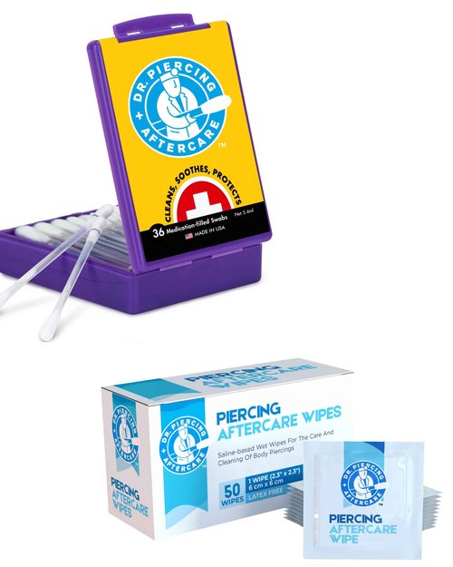 Dr. Piercing Aftercare Swabs and Wipes Combo- Saline Solution for Piercings - Earring Nose Belly Ear Piercing Cleaner - Saline Wash, Ear Hole Cleaner - Keloid Bump