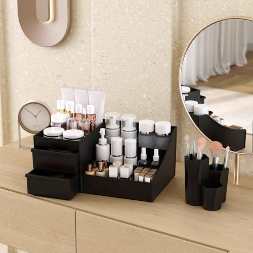Lumijoy 2 Pcs White Makeup Organizer and Brush Holder Set with 3 Drawers, Perfect for Cosmetics, Skincare, Beauty Tools on Vanity for Bedroom, Bathroom, Kitchen, Black