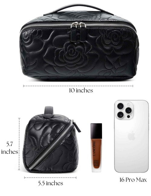 Popvibe Open Flat Makeup Bag Travel Cosmetic Case for Women, Large Capacity Toiletry Travel Bag with Zipper, Portable Aesthetic Floral Make Up Organizer Pouch with Dividers & Handle, Black, Large