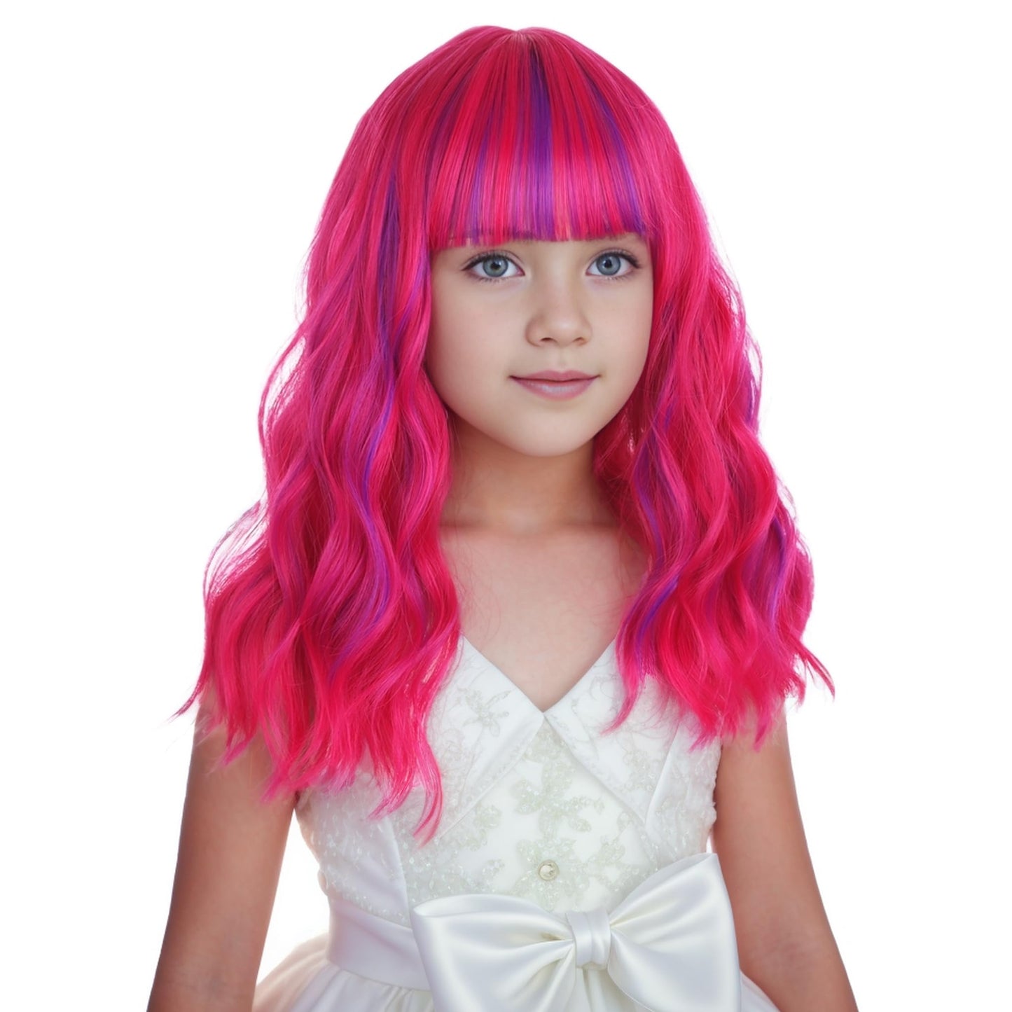 Edivd Kids Hot Pink Mixed Purple Wig Child Short Pink Purple Wig with Air Bangs Purple Pink Wavy Curly Wig for Girls Heat Resistant Synthetic Wig with Wig Cap