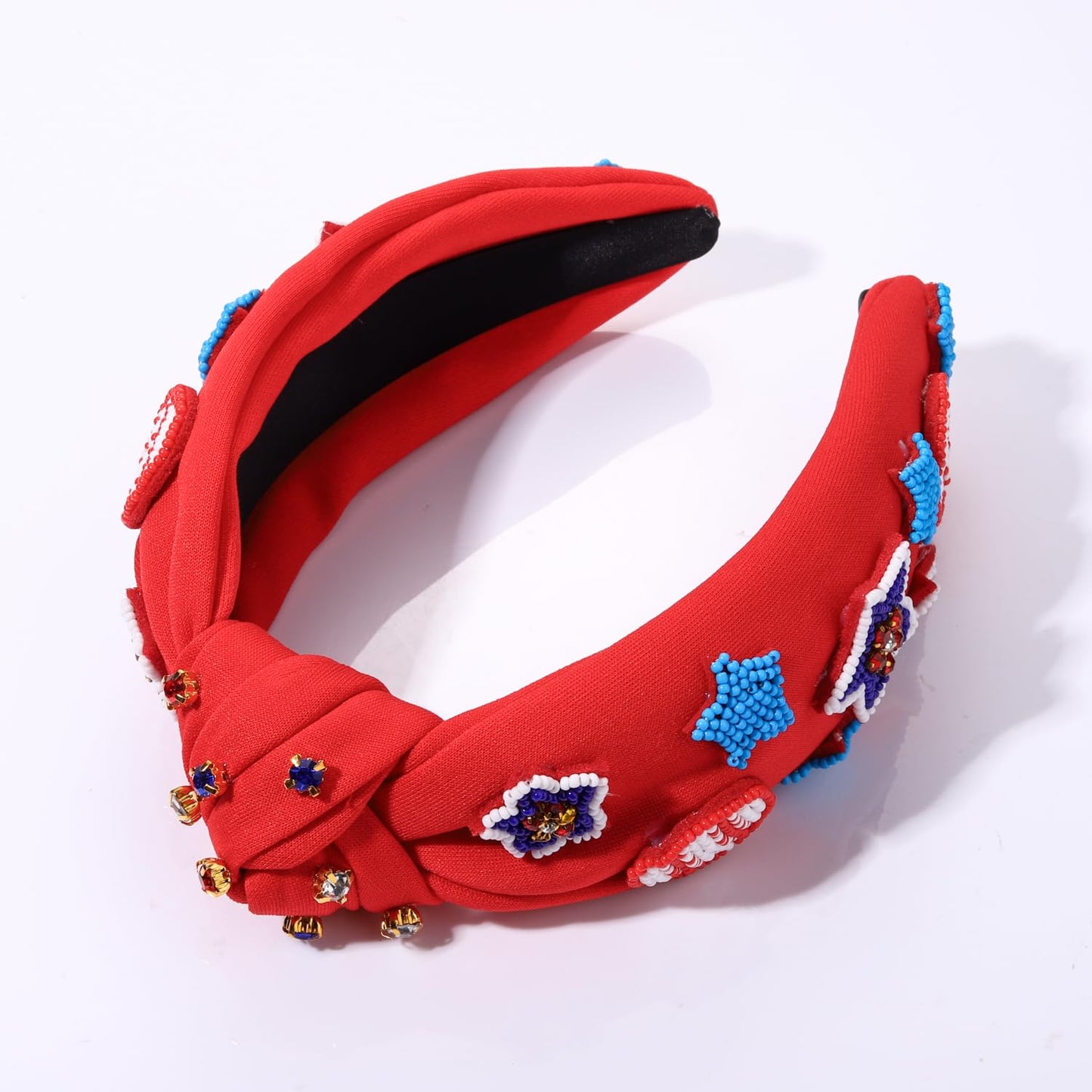 GLBCC 4th of July Knot Headband for Women Red White Blue Star Hairband Pearl Rhinestone Stars Beaded USA Patriotic Knotted Head Band Headpiece Hair Accessories (patriotic headband B)