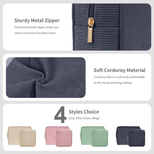 MAGEFY Makeup Bag for Purse, 2 Pcs Corduroy Cosmetic Bag for Girls Women Small Travel Makeup Pouch with Zipper (Grey)