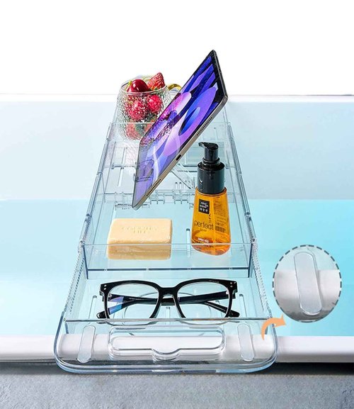 Bathtub Caddy Tray,Adjustable Bathtub Tray Table, Bath Organizer for Relaxing Spa-Features 2 Cup Holders, A Phone Stand with 5 Angle Adjustments,Non-Slip Silicone Pads,Won't Get Moldy,Easy to Clean.