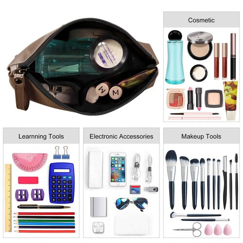 Cosmetic Bags for Women Small Makeup Bag for Purse Pu Leather Makeup Pouch Travel Makeup Bag with Zipper Make Up Bag for Travelling (Coffee)
