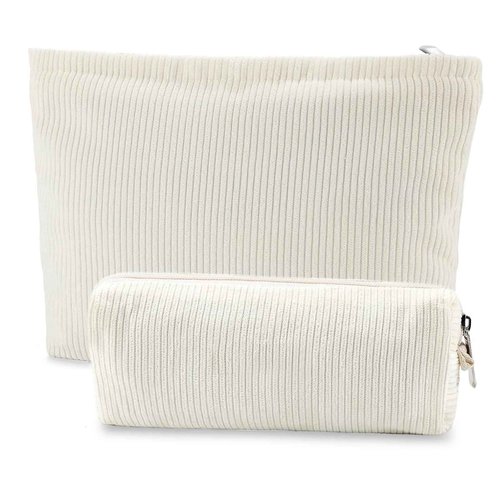 Saikaspotts 2PCS Travel Makeup Bag, Large Capacity Corduroy Cosmetic Bag, Large & Small Pink Toiletry Bag Organizer for Women Storage Cute Makeup Brush Bag-Corduroy Beige