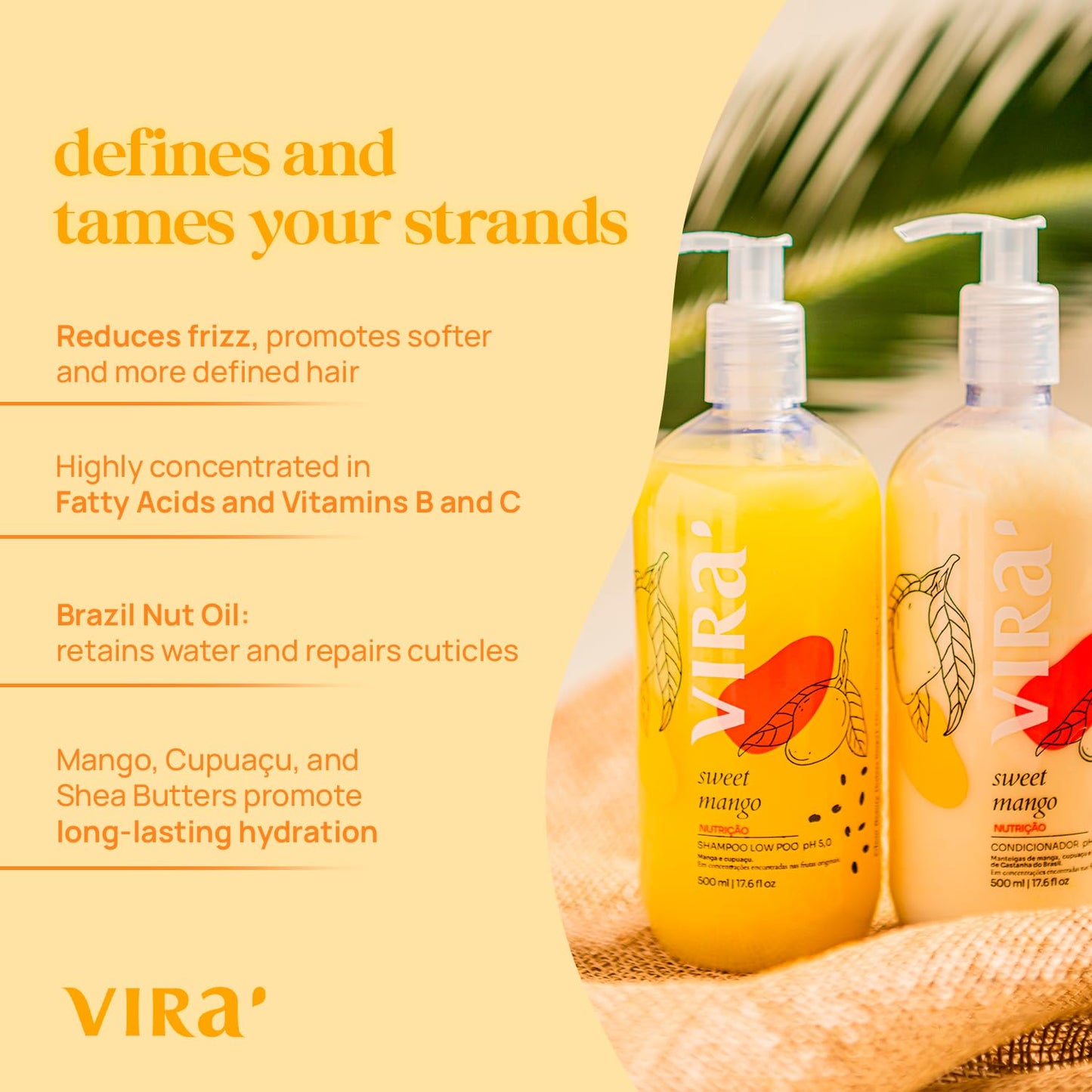 VIRÁ Brazilian Shampoo and Conditioner Set, Parabens Free, Curly and Wavy Hair, Deep Moisturizing and Nourishing Treatment, Volume Control, Sweet Mango 17.6 Fl Oz Each