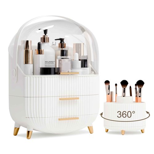 lurcns Makeup Organizers and Storage Make up Organizer for Vanity Cosmetics Skincare With Lid and Drawers Display Cases for Countertop Bathroom Women Teenager Girl Gifts(White+Brush Holder)