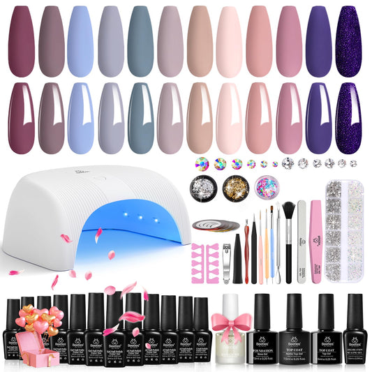 beetles Gel Nail Polish Kit with UV light Starter Kit 12 Colors Nude Pink Purple with Base Top Coat Rhinestones Nail Charms Manicure Supplies Accessories Starter Gifts DIY Salon at Home