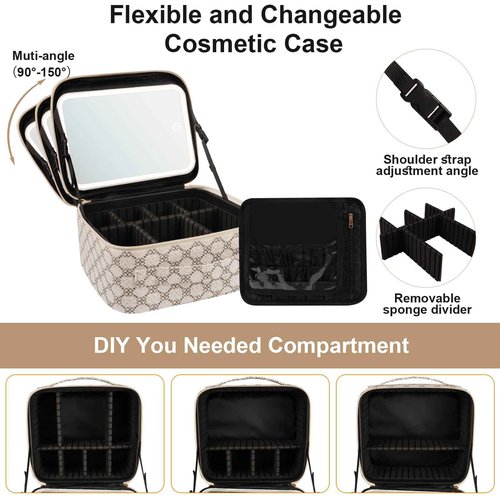 PEEH Makeup Bag with Lighted Mirror, Travel Make up Train Case with Adjustable Brightness Vanity Mirror and Detachable 10x Magnifying Mirror (Beige Clover)
