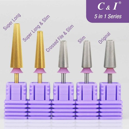 C&I 5 in 1 Nail Drill Bit Super Long Slim Efile Professional Nail Bits Nail Tech Must Have for Extension Nails Acrylic Powder Hard Gel Nail Tip Cuticle Remover Nail Supplies (Double Fine -XXF)