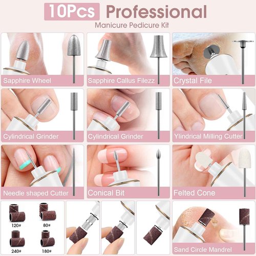 Professional Manicure Pedicure Kit, Cordless Electric Nail Drill with 360° LED light&10 Speeds, Rechargeable Pedicure Tools for feet, Hand Foot Care Nail Drill for Thick Nail Toenail Cuticle Women Men