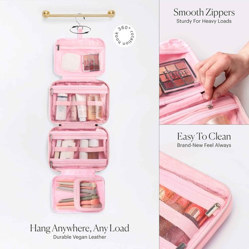 BEAUTYGOODIES Pink Hanging Toiletry Bag for Women, Travel Toiletry Bag for Makeup, Clear Bags for Easy Packing, Bag for Toiletries, Flight Curise Roadtrip Bag to Hold and Hang even at Home.