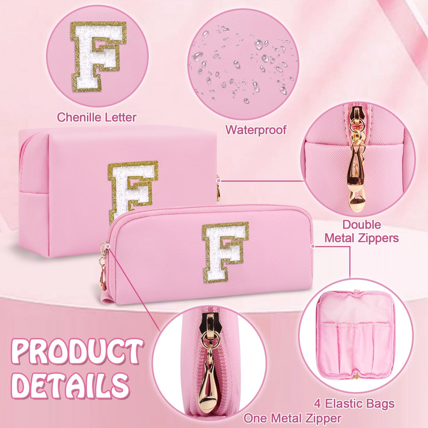 2 Pack Personalized Initial Cosmetic Bag with Small Makeup Brush Bag, Pink Cute Preppy Cosmetic Travel Toiletry Zipper Pouch, Waterproof Make Up Brush Bag Gift for Friends Female Friendship(Letter F)