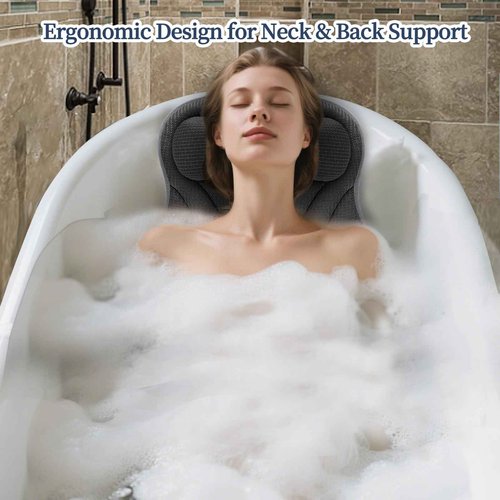Bath Pillow Bathtub Pillow with Neck and Back Support, 6 Non-Slip Suction Cups and Soft Breathable Mesh Material Bath Pillows for Tub, Quick -Dry and Gray