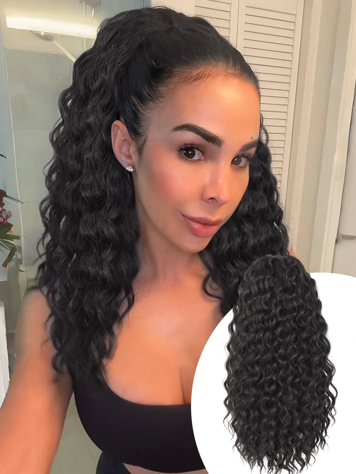 Isaic Ponytail Extension 16 Inch Long Wavy Curly Ponytails Drawstring Ponytail for Black Women Black Pony Tails Hair Extensions Synthetic Hairpiece for Daily Use