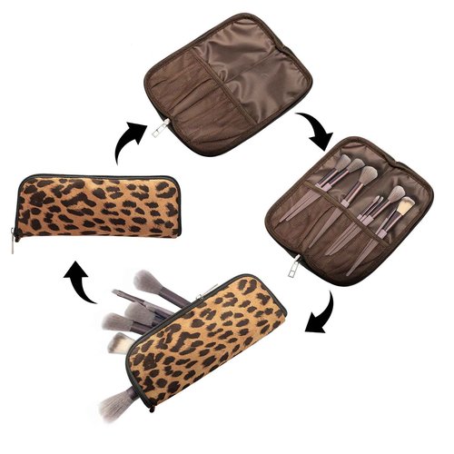 Large Capacity Makeup Bags, 2 Pieces, Leopard Print, Cosmetic Travel Toiletry Organizer Bag, Soft and Warm Material (Brown)