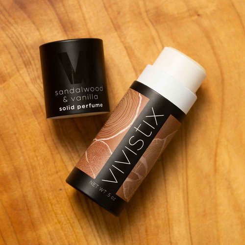 Vivistix Solid Perfume Stick | Sandalwood + Vanilla scent | Portable, clean, warm, woodsy, vanilla, gourmand, calming, travel perfume | Made in the USA | No parabens, phthalates, or preservatives