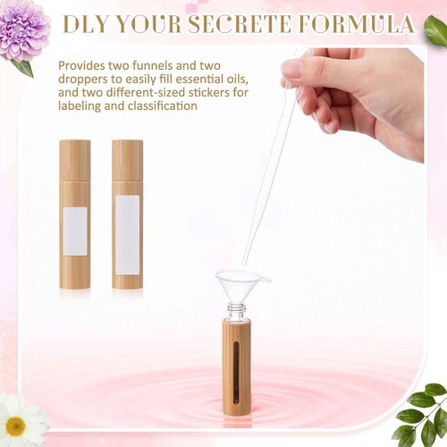 BrightRow 18 Pcs 10ml Bamboo Roll on Bottles for Essential Oils Empty Bottles with Stainless Steel Roller Balls with Funnels, 3ml Droppers and Stickers