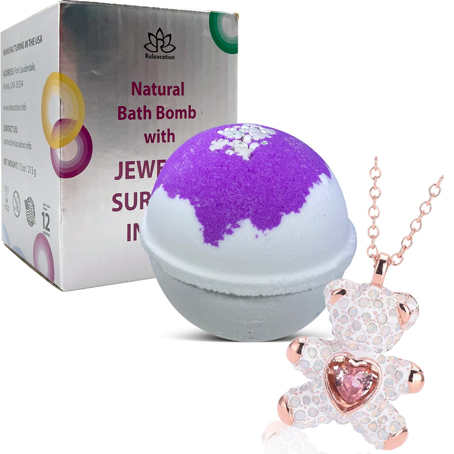 Bath Bomb with Surprise Bear Necklace Inside - Skin Moisturizing Natural Ingredients Safe for Kids - Bath Bomb with Bear Jewelry Inside for Women