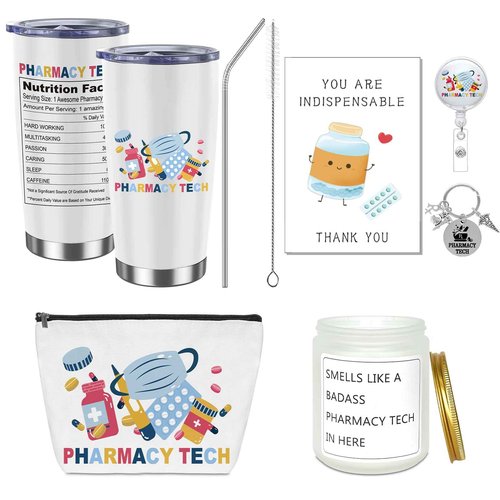 Yoloodayy 6 Pcs Pharmacy Technician Gifts Include Cup Portable Cosmetic Bag Badge Keychain Aromatherapy Thank You Card Pharmacy Technician Accessories for Doctors Nurses Week Gift Supplies