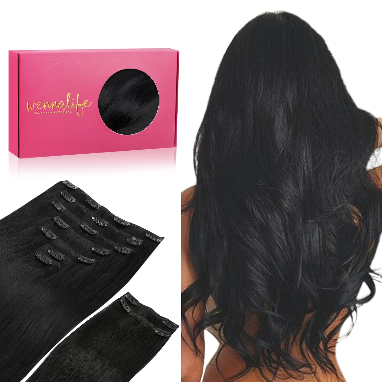 WENNALIFE Clip in Hair Extensions Real Human Hair, 20 Inch 150g 9pcs Human Hair Extensions Clip In Human Hair, Jet Black Hair Extensions Clip In Real Hair Coloured Remy Human Hair Extensions