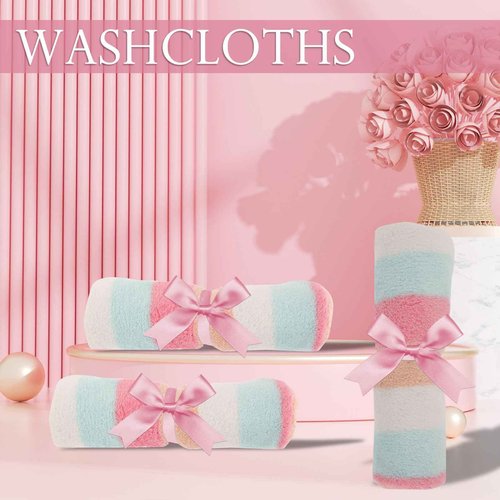 PHOGARY Washcloth Set 6 Pack Small Hand Towels for Face Body Bathroom, 6"x8" Super Absorbent & Soft Coral Fleece Facial Cloths for Showering, Rainbow Striped Quick Dry Towel with Hanging Loop