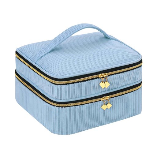 LYFFXYH Double-Layer Nail Polish Organizer, Nail Polish Storage with Handle, Nail Bag Organizer Case for Professional Manicure Kit & Travel (Blue, 42 Bottles-Small)