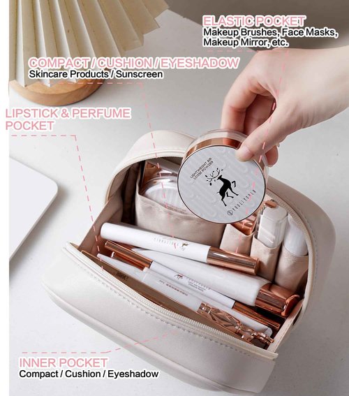 HFLZBRO Travel Makeup Bag Cosmetic Bag for Women,Small Makeup Organizer Bag,Cute & Waterproof Vegan Leather Makeup Case with Multiple Compartments,Toiletry Bag for Cosmetics (BROWN)