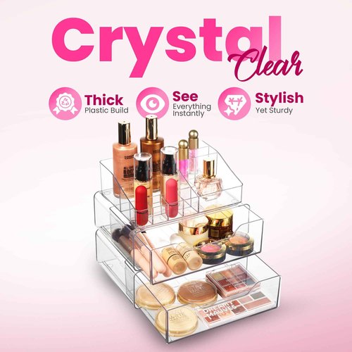 Clear Makeup Organizer - Acrylic Cosmetic Vanity Storage Organizers for Girls Dresser, Bathroom, Desk Counter - Plastic Make Up Holder, Jewelry Box (2-Drawer | Multi Compartments)