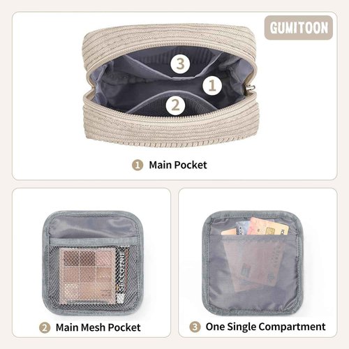 GUMITOON Small Makeup Bag Pouch for Purse Cute Cat Corduroy Mini Cosmetic Bag for Women with Slip-in Pockets Sanitary Napkin Pouch,Beige