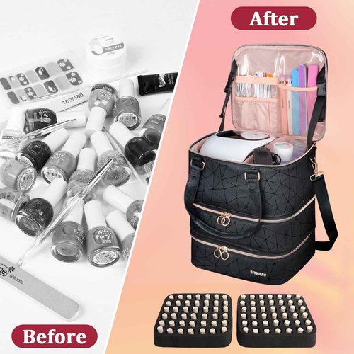 SIYNPAV Nail Polish Organizer Bag Holds 84 Bottles (15ml/0.5fl.oz)& Nail Lamp, 3 Layers Detachable Nail Kit Storage Case PU Leather, Large Travel Nail Supplies Shoulder Bag for Manicure Tools (Black)