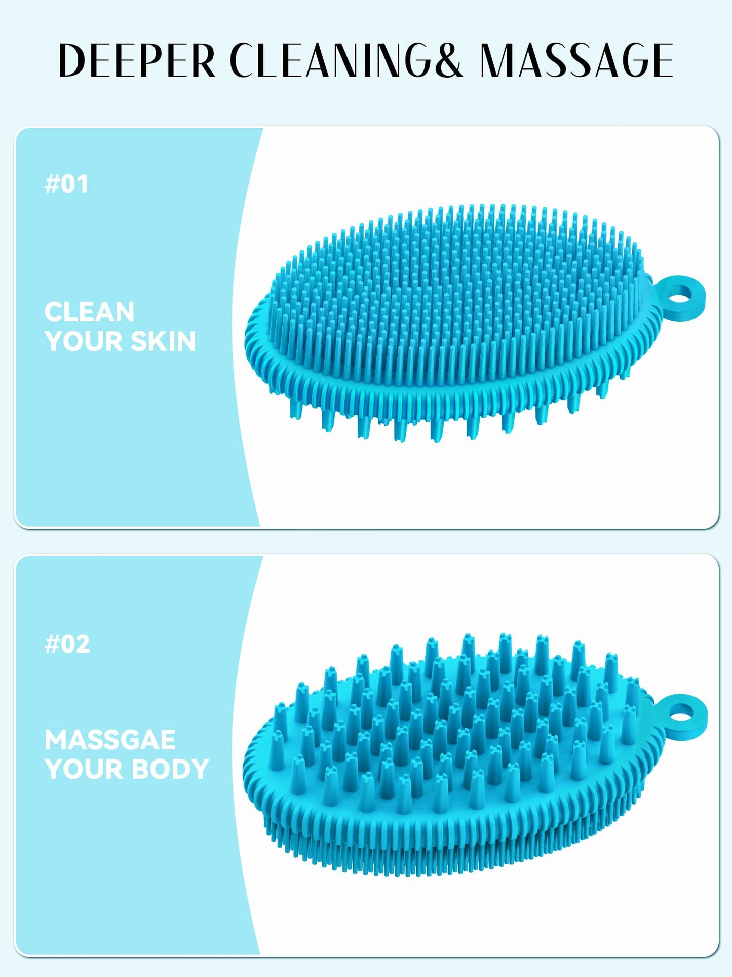 HEETA Silicone Body Scrubber, Gentle Exfoliating Body Scrubber, 2 in 1 Silicone Loofah Brush for Shower, Silicone Body Brush Easy to Clean, Lathers Well, Carry Easily, Blue