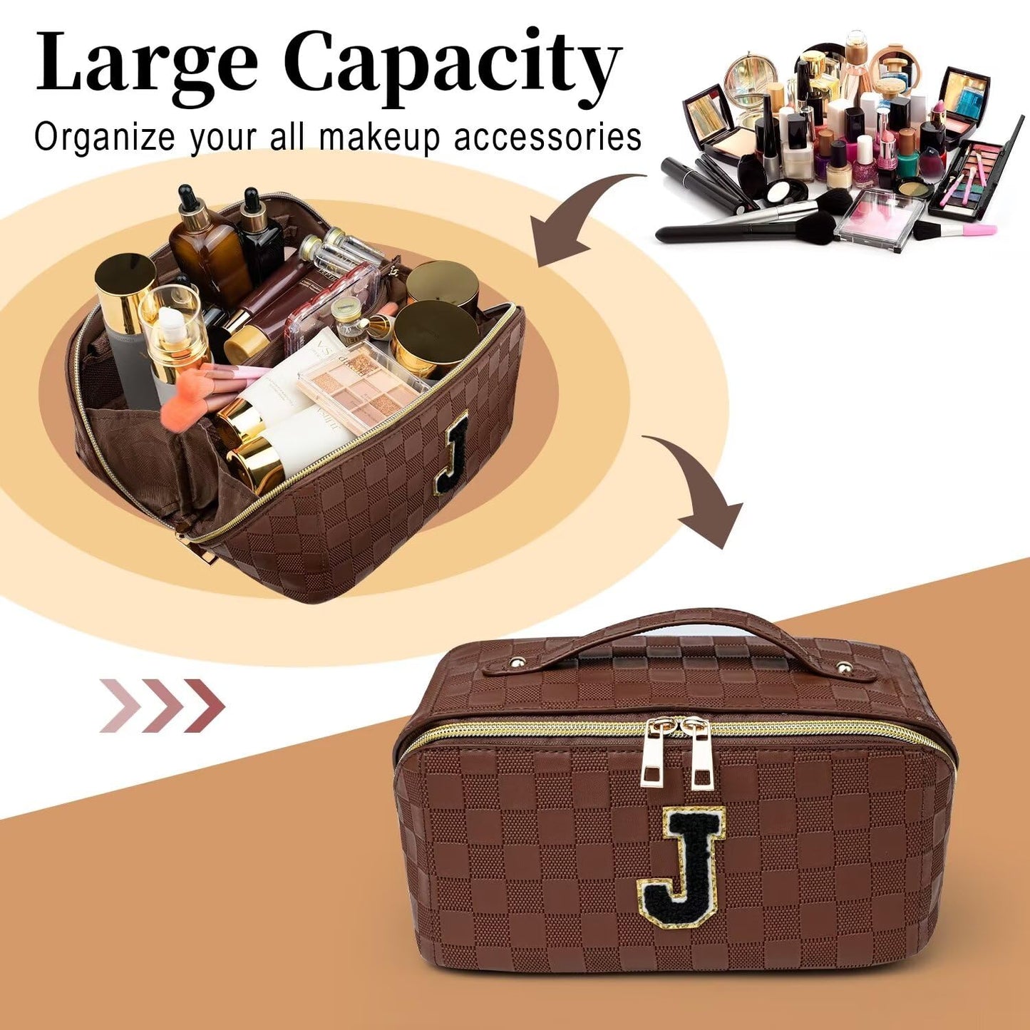 TOPEAST Makeup Bag Gift for Women Girls, Personalized Checkered Cosmetic Bag Initial Make Up Bags Pouch Open Flat Waterproof Leather Toiletry Bag Organizer with Strap Divider-Brown, A