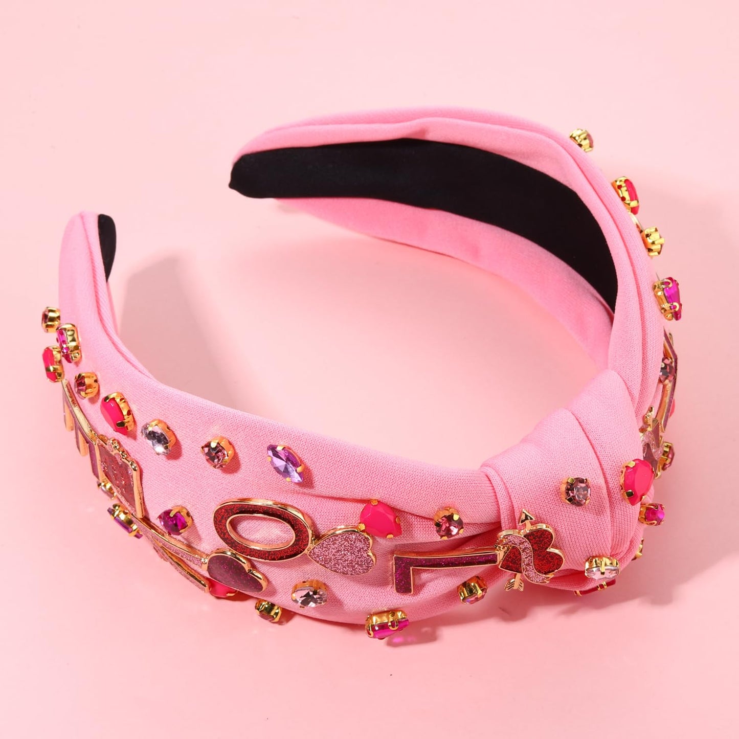 HSWE Valentine’s Day Headband Knotted Headband for Women Love Letter Crystal Embellished Top Knot Hairband Funny Gifts for Girls Sister BFF Wife Mom