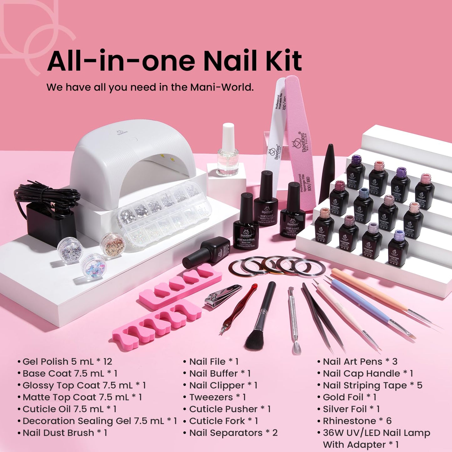 beetles Gel Nail Polish Kit with UV light Starter Kit 12 Colors Nude Pink Purple with Base Top Coat Rhinestones Nail Charms Manicure Supplies Accessories Starter Gifts DIY Salon at Home