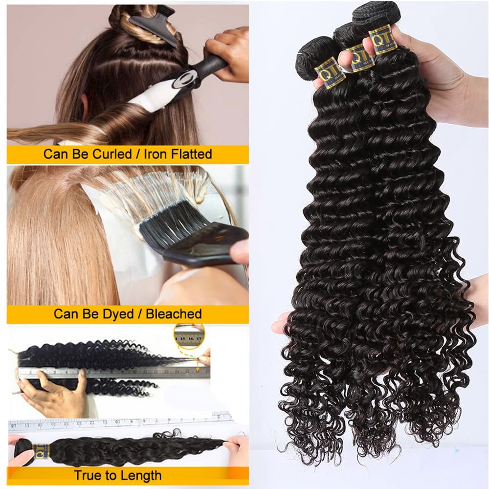 QTHAIR 14A Brazilian Deep Wave Bundles with Closure Virgin Human Hair Bundles with Closure 4x4 Lace Natural Color for Black Women 100% Unprocessed Deep Wave Human Hair(14 16 16+12)