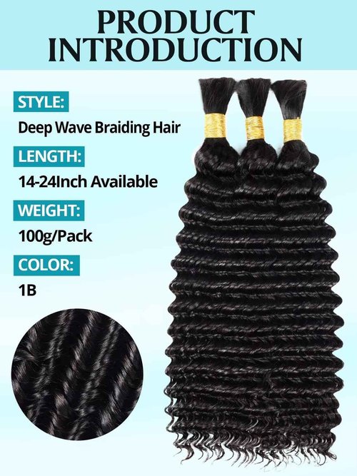 100g 3 Bundles/Pack Human Braiding Hair for Boho Braids 14 Inch Curly Boho Hair for Braiding Knotless 12A Deep Wave Bulk Bohemian Natural Black