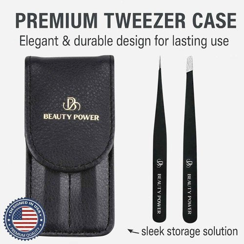 Beauty Power Precision Tweezers for Women Facial Hair & Men - Professional Tweezers Set with Slant & Point Tips, German Stainless Steel, PU Leather Travel Case, Lightweight & Ultra Precision Black