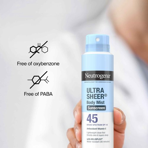 Neutrogena Ultra Sheer Body Mist Sunscreen Spray, Broad Spectrum SPF 45, Lightweight Spray Sunscreen, Non-Greasy & Water Resistant, Oil-Free & Non-Comedogenic UVA/UVB, 5 oz Pack of 3